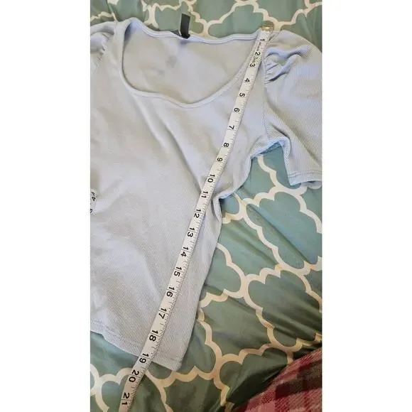 Alya Francesca’s Ribbed Puff Sleeve Scoop Neck Top Blue Size Small - Picture 7 of 9